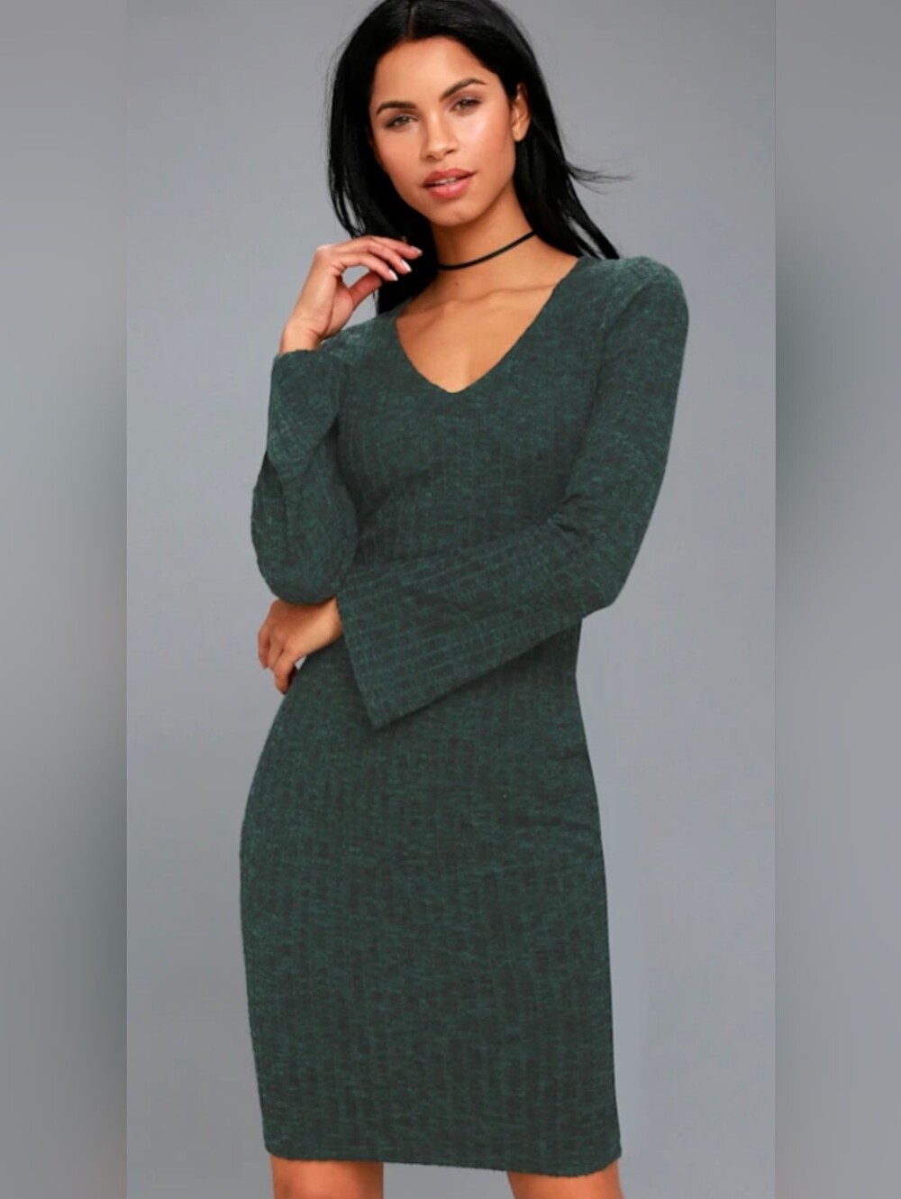Lulu's Dark Green Ribbed Sweate Midi Dress